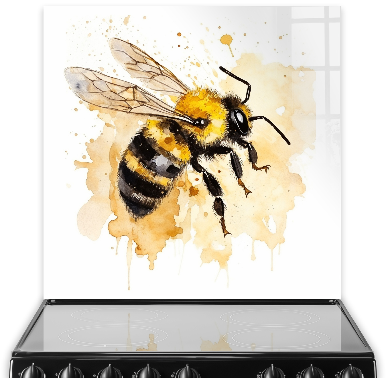 Abstract bee artwork with bold brushstrokes in amber, gold, and black on kitchen splashback