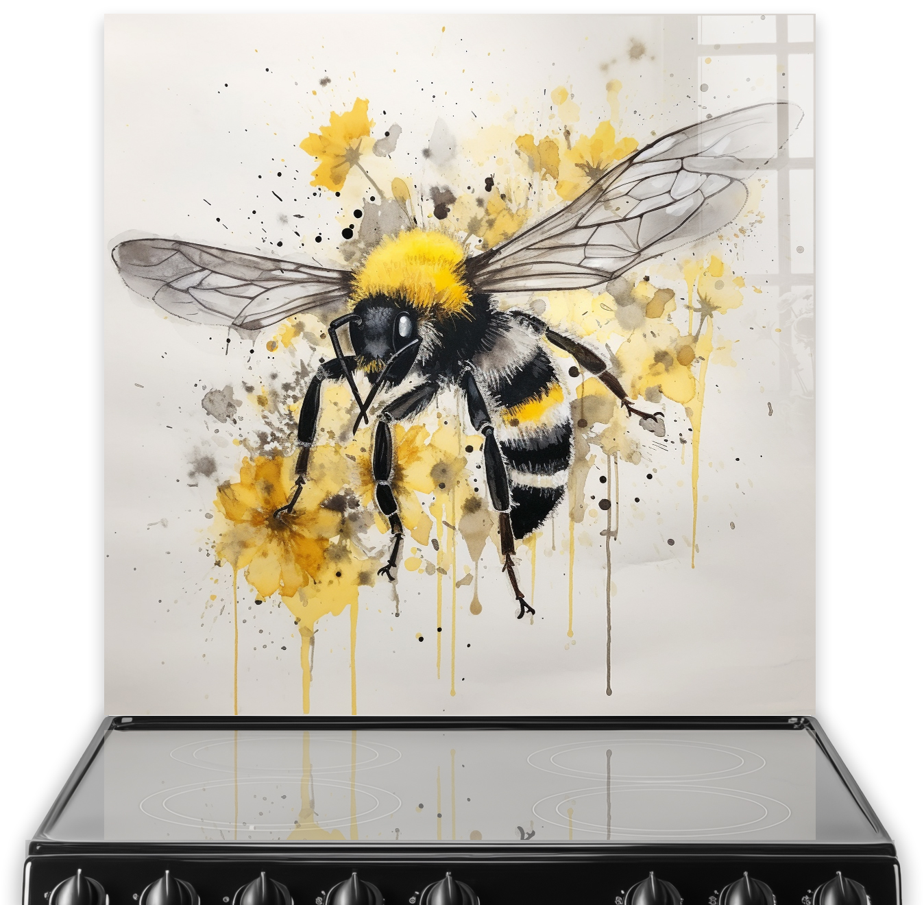 Abstract bee art on kitchen splashback with yellow and black brushstrokes
