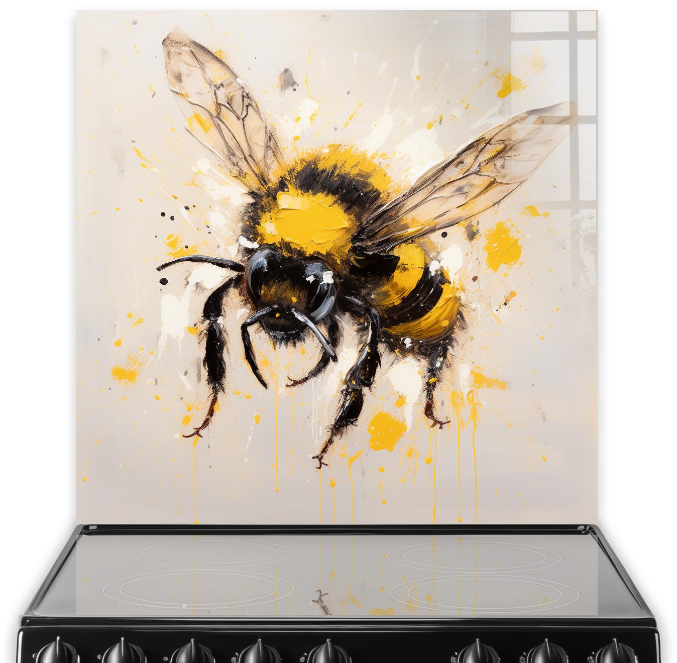 Artistic bee design on a kitchen splashback with bold brushstrokes in black, yellow, and cream