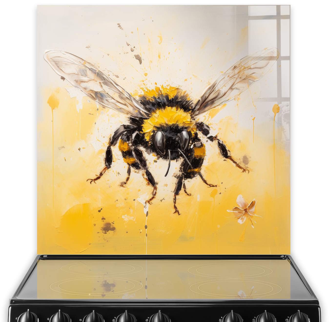 Artistic bee splashback design with yellow and black brushstrokes in a kitchen