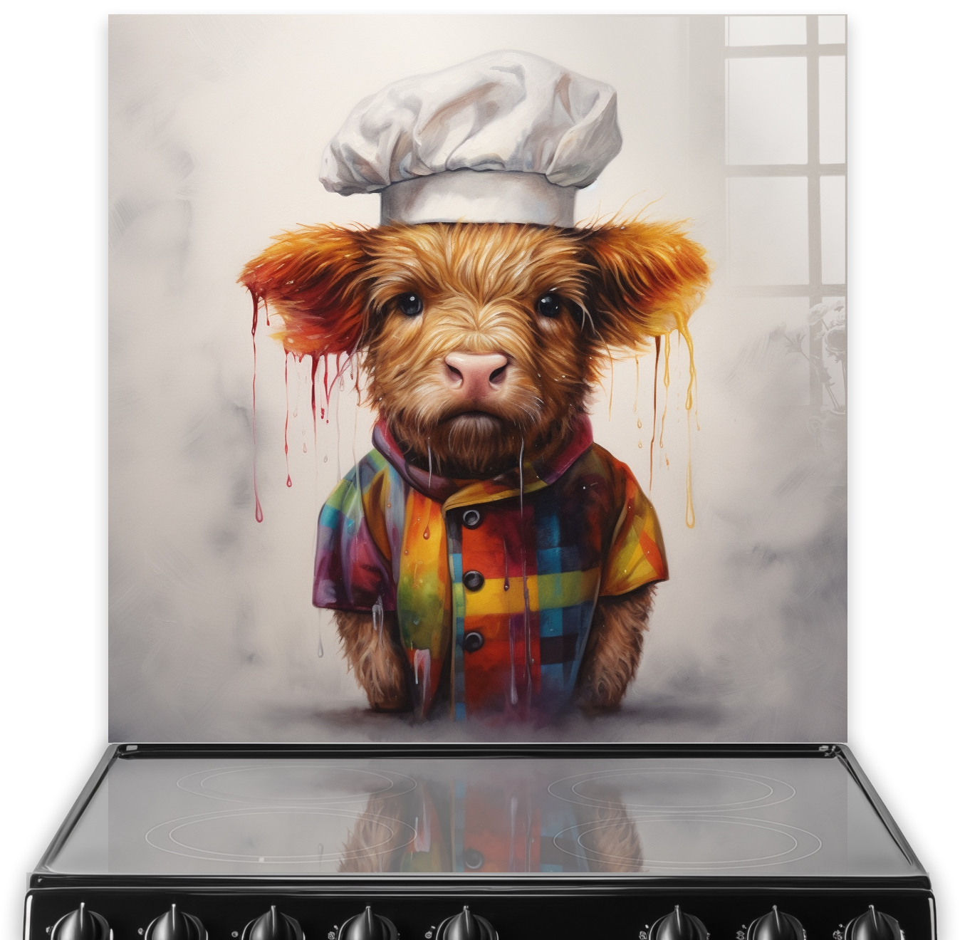 Whimsical Highland cow in chefs hat on a splashback