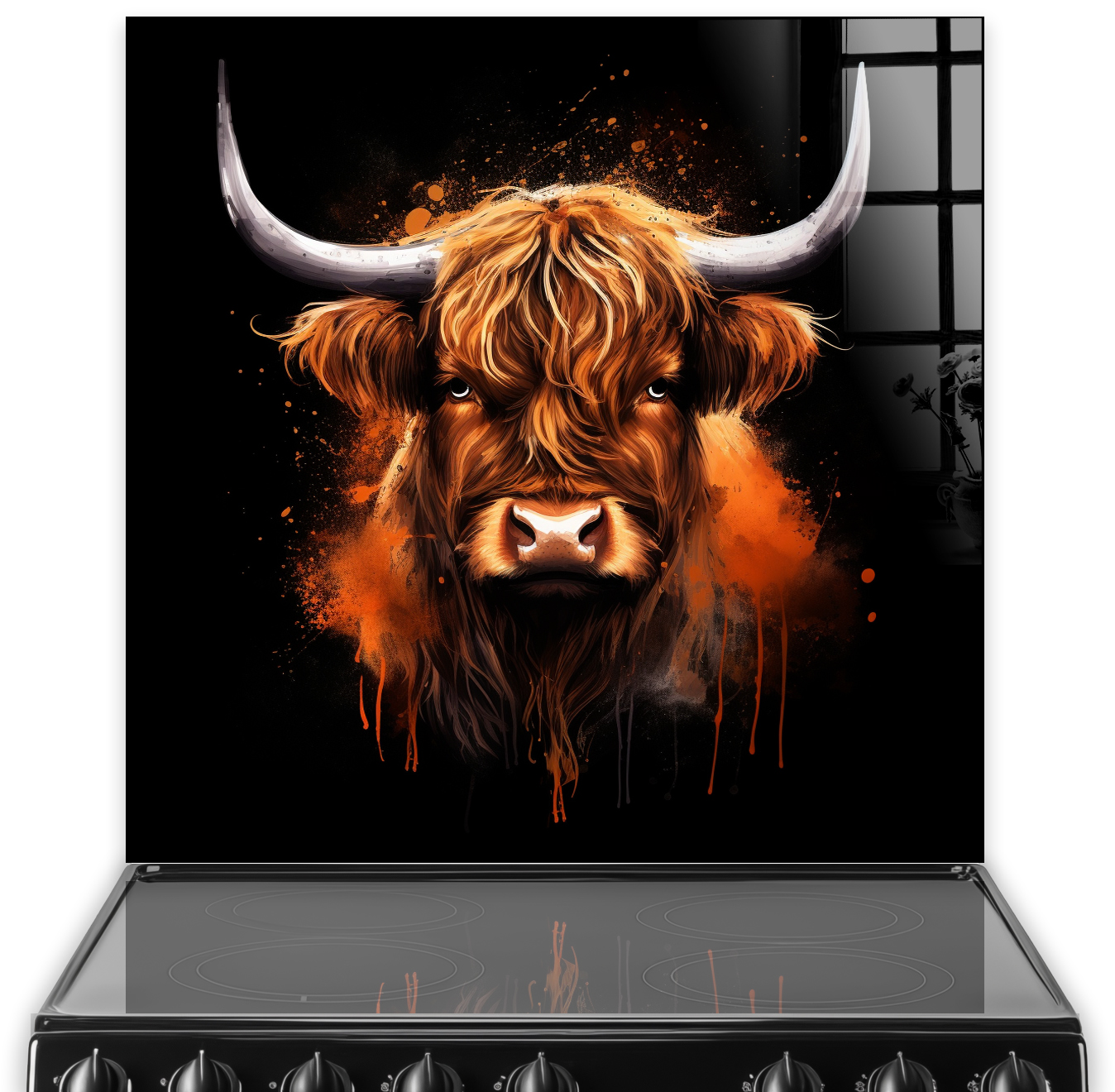 Dramatic highland cow kitchen splashback art with fiery orange and amber tones on a black background
