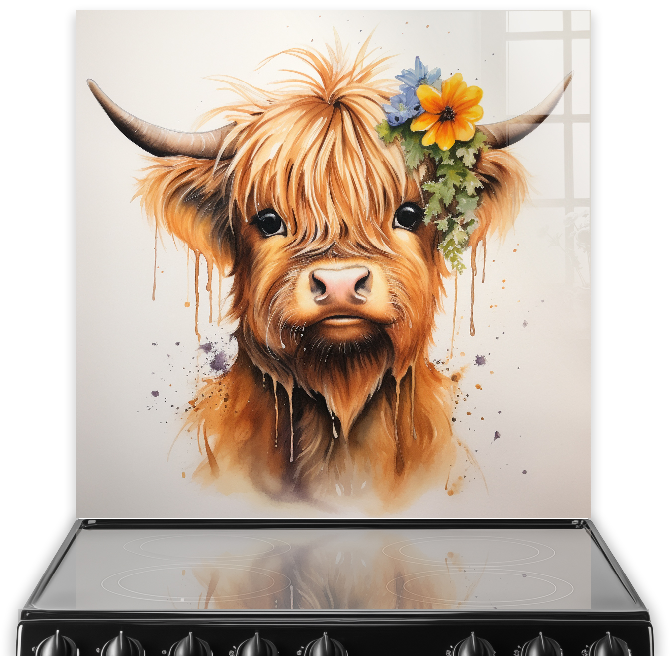Artistic Highland cow kitchen splashback design with brown, amber tones, and a blue flower