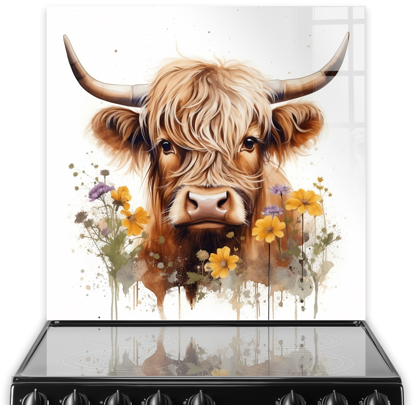 Highland cow and floral art on kitchen splashback over cooker.