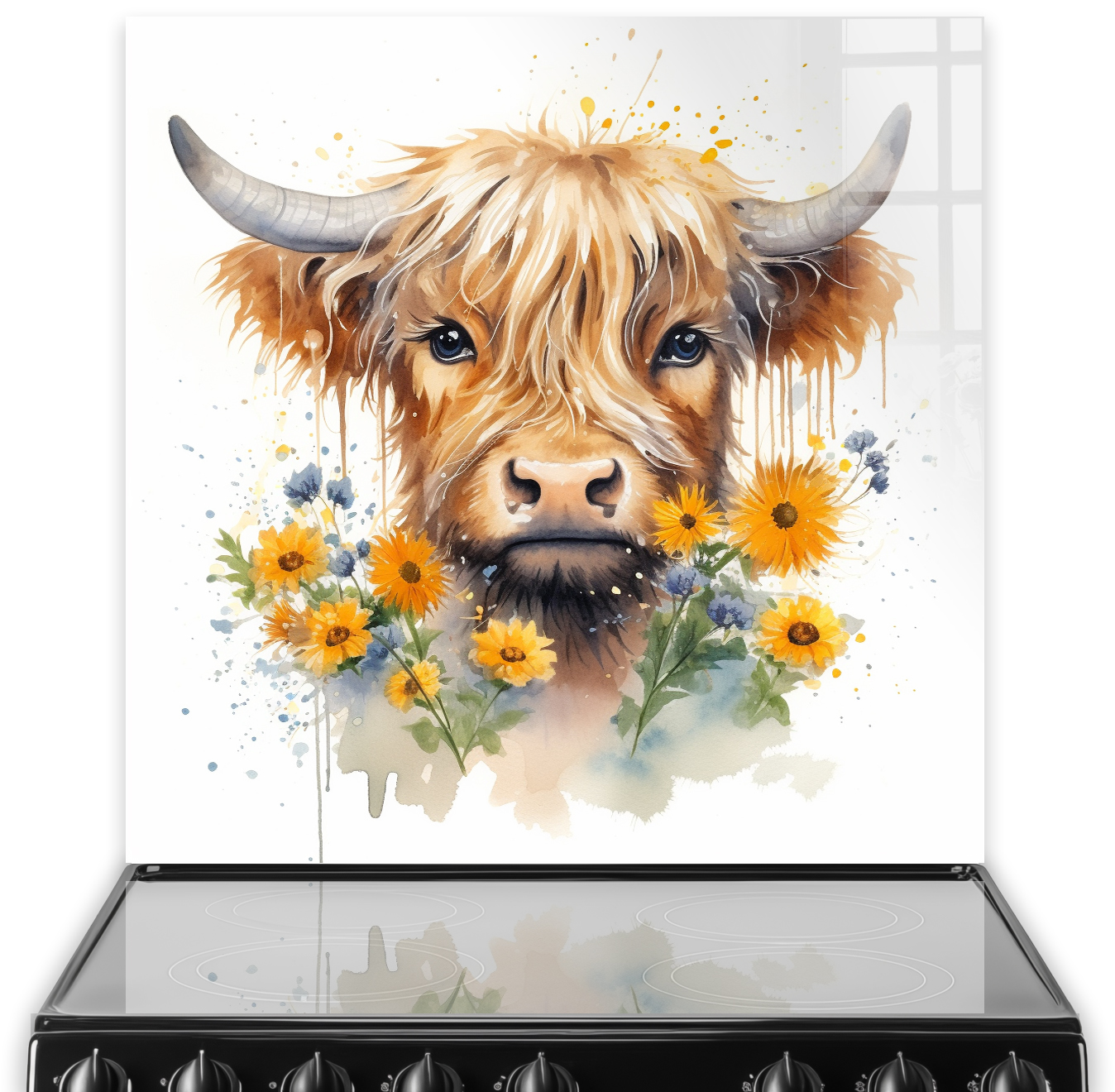 Highland cow with yellow flowers kitchen splashback art in soft cream and amber hues