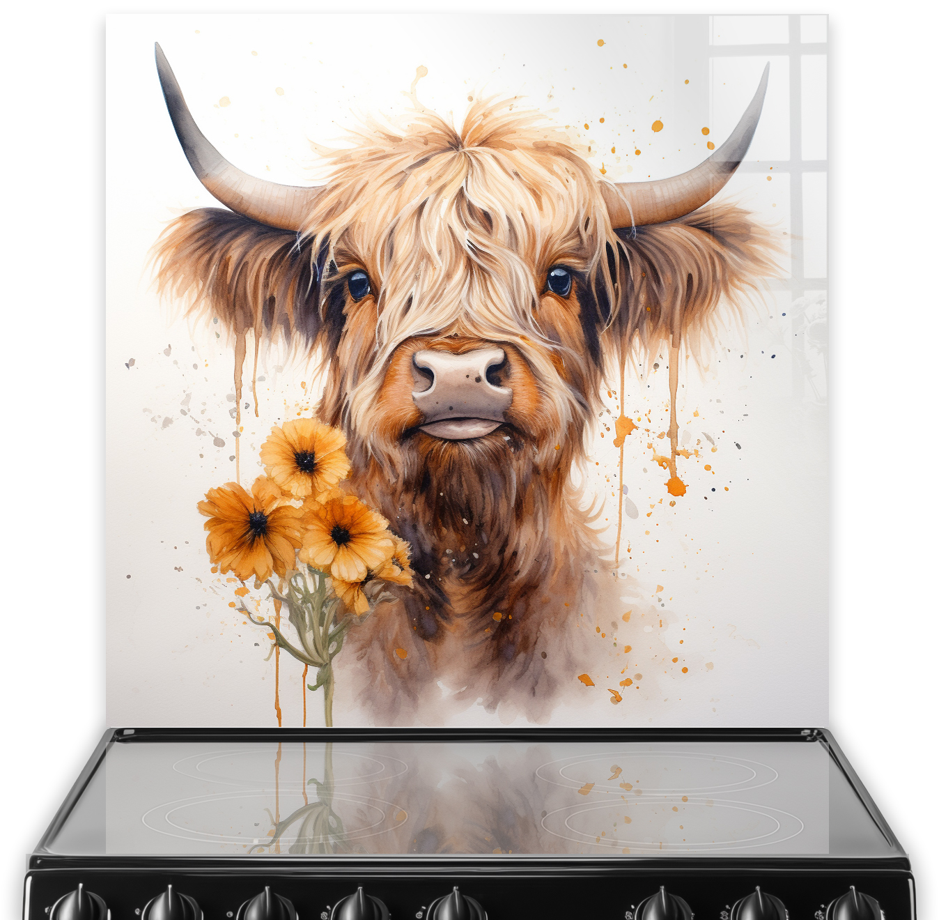 Artistic Highland Cow and orange flowers printed kitchen splashback