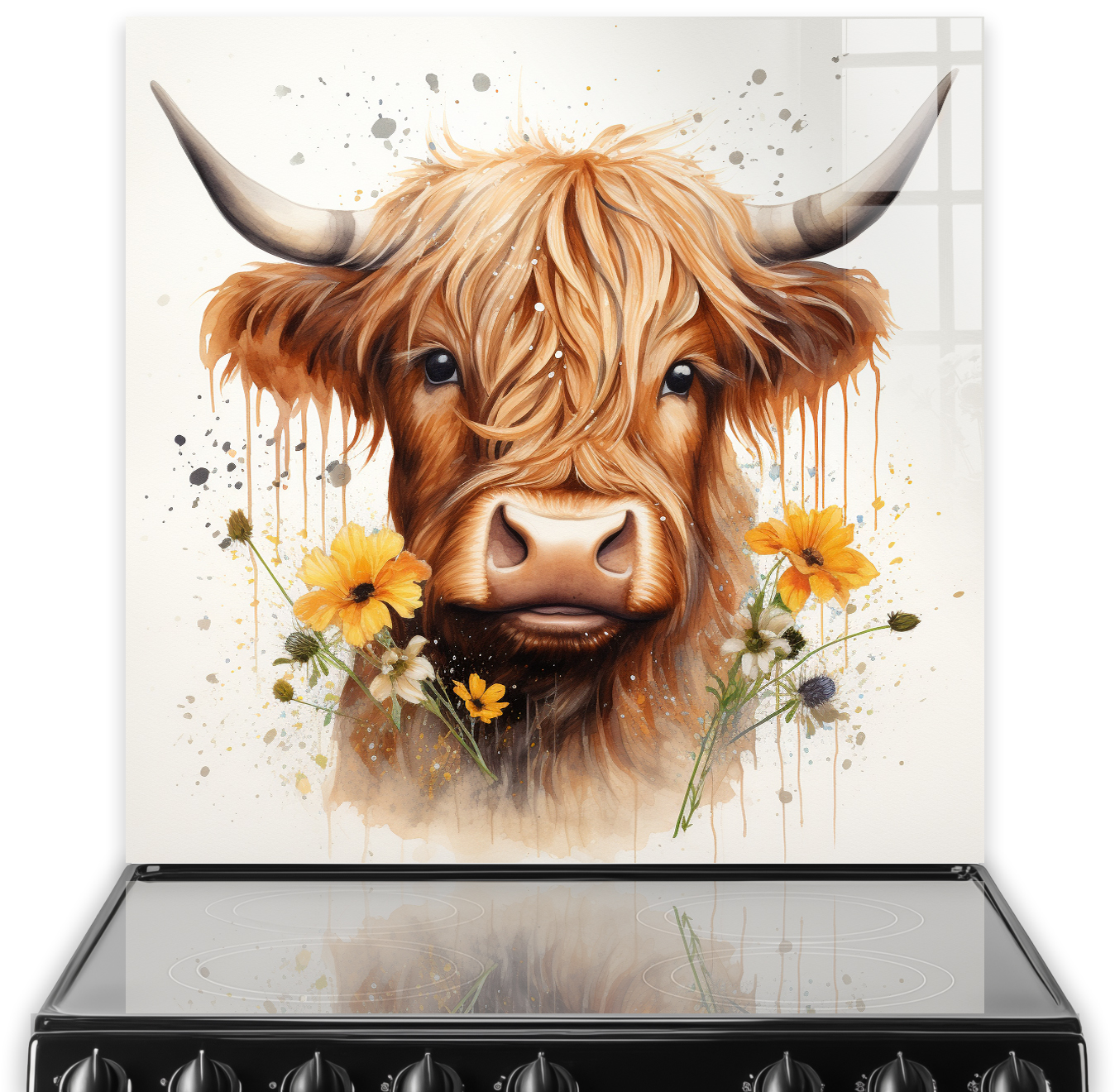 A detailed and captivating Highland cow art on a kitchen splashback, with brown tones and vivid yellow flowers, against a splattered white background.