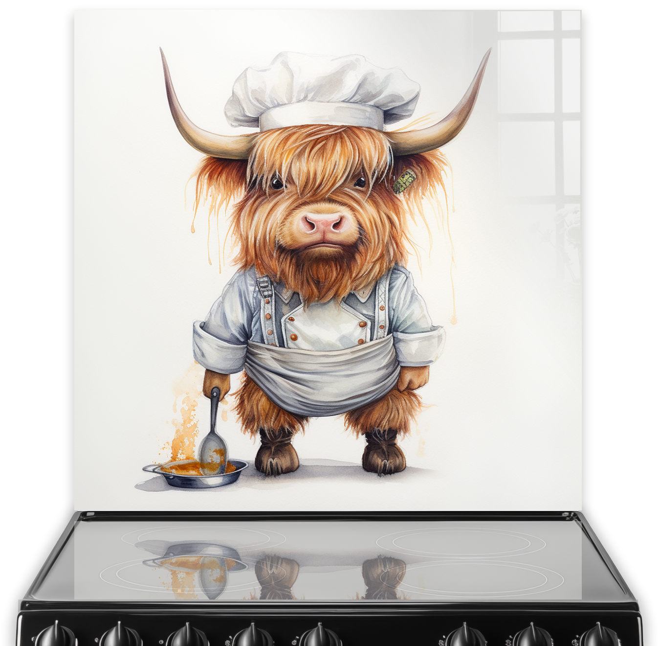 A highland cow in chefs hat cooking, as kitchen splashback art.
