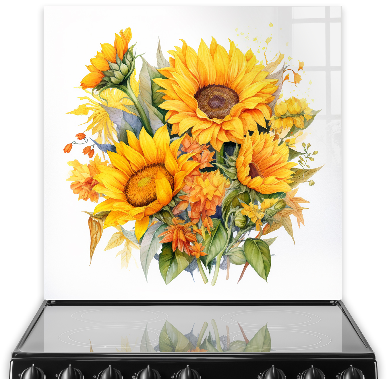 A kitchen splashback featuring a watercolour painting of sunflowers in shades of yellow and orange.