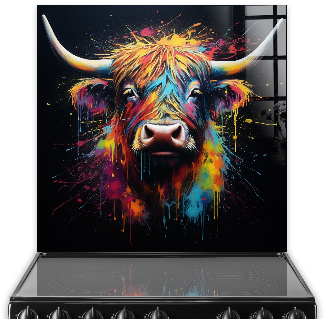 Abstract highland cow kitchen splashback art in vibrant colours on a black background