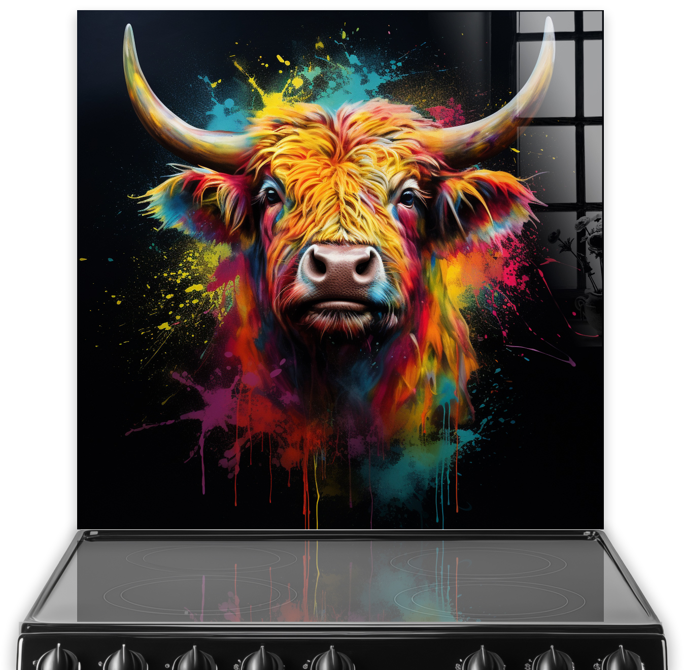 Colourful highland cow art on kitchen splashback featuring rainbow hues on black background