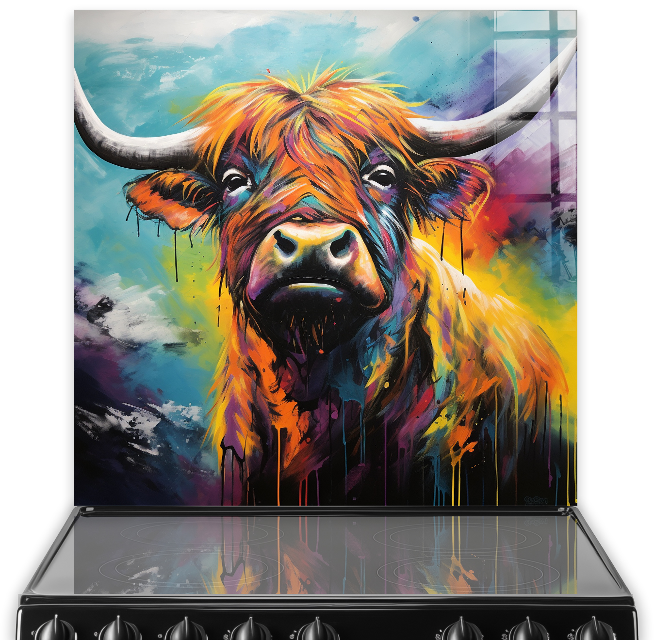Colourful highland cow printed kitchen splashback art with vibrant hues of yellow, orange, and blue.
