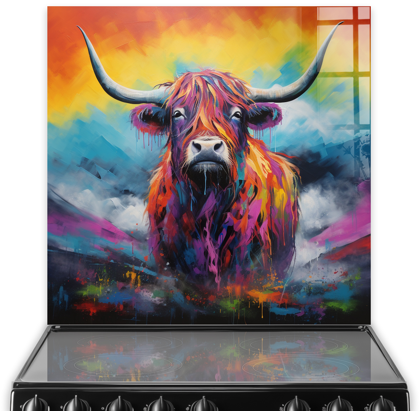 Colourful Highland cow design on a kitchen splashback.