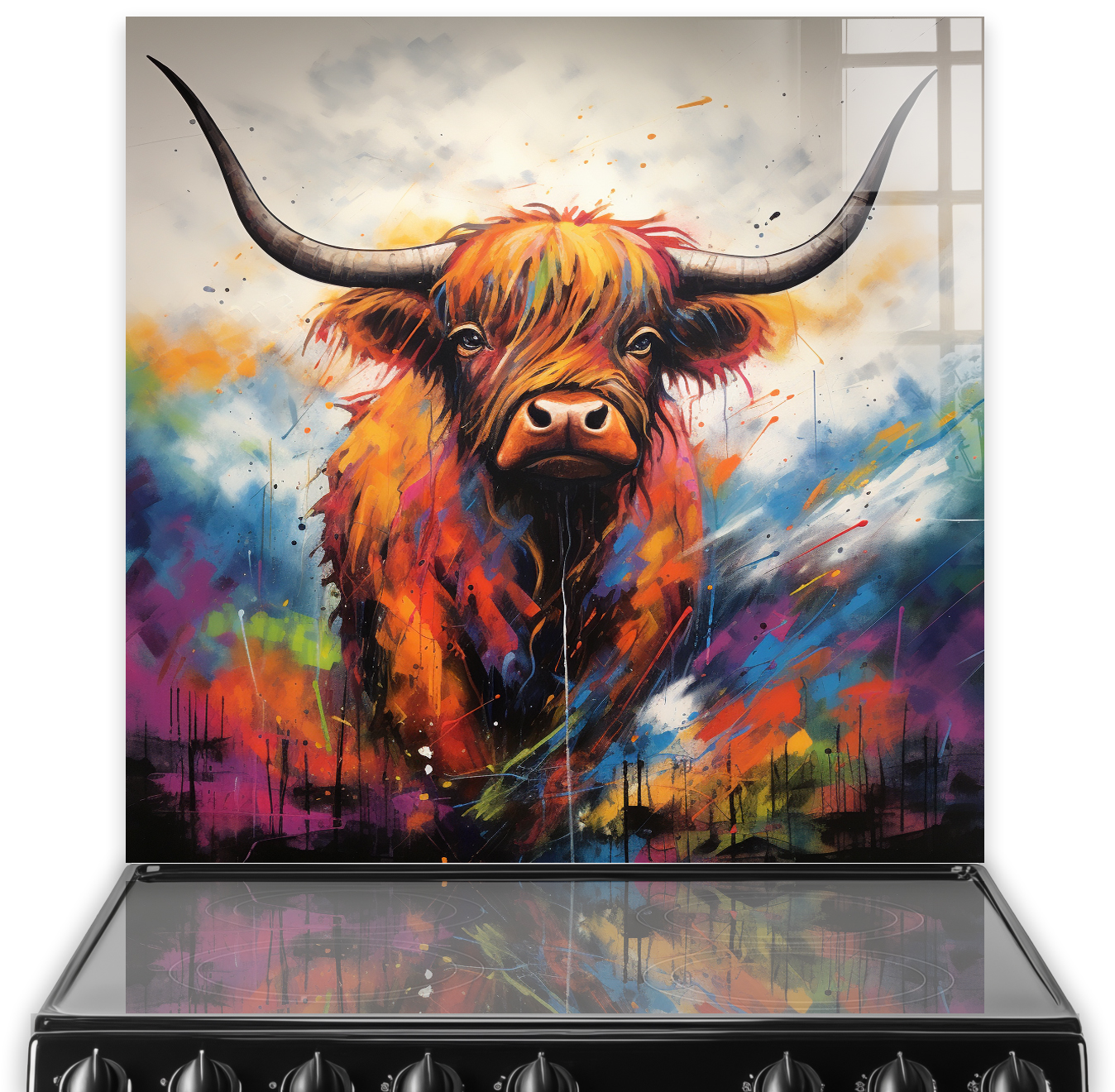 Colourful highland cow art on kitchen splashback 