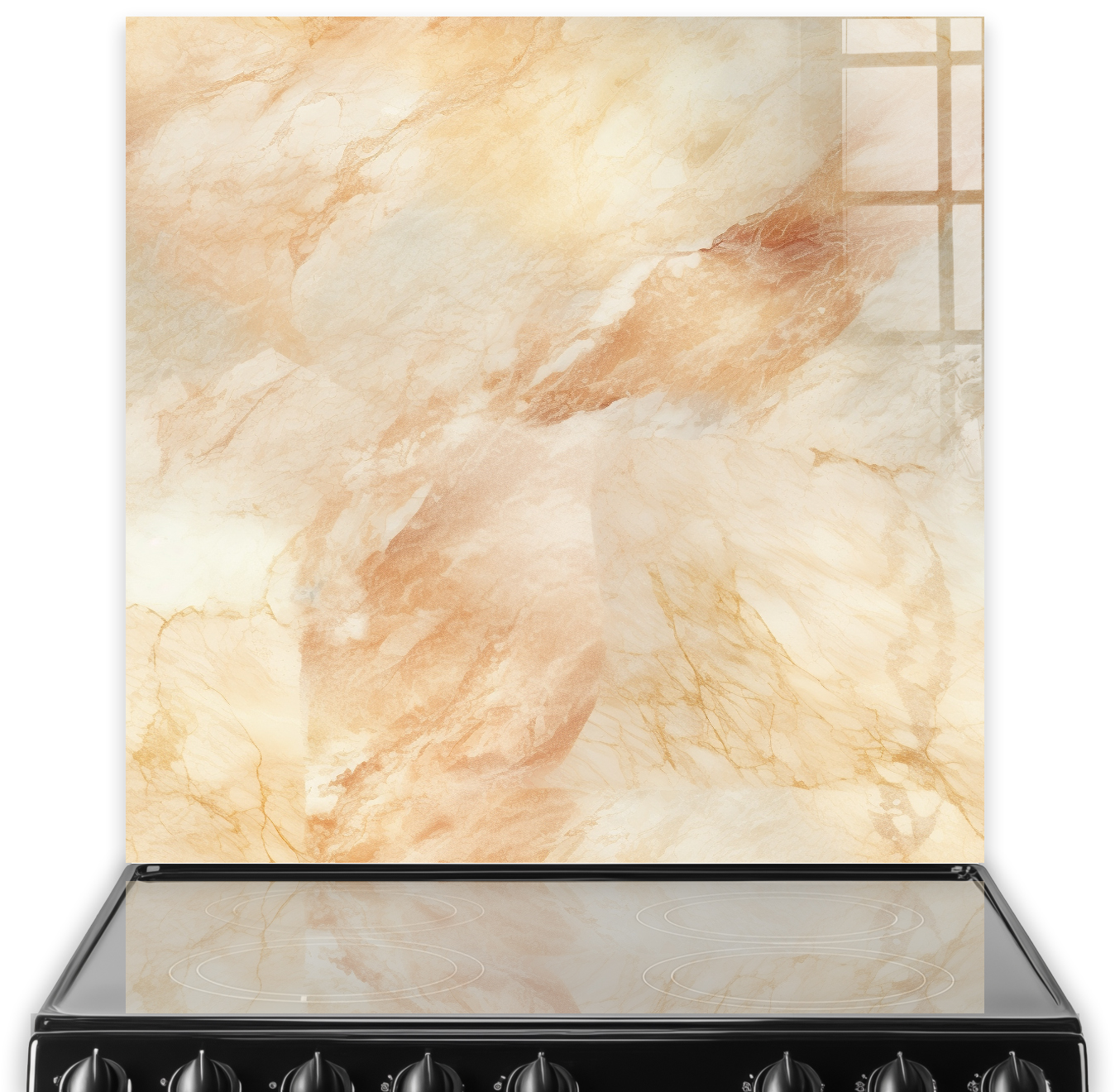 A luxurious kitchen splashback displaying swirling patterns in golden, cream, and beige tones of Crema Marfil marble.