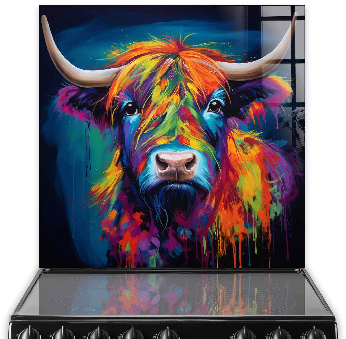 Striking navy blue highland cow kitchen splashback art