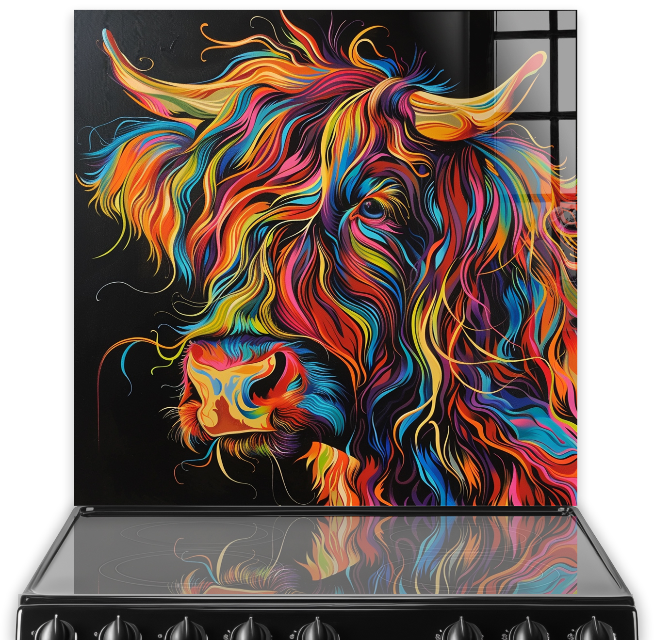 Colorful highland cow kitchen splashback art with radiant rainbow mane against a black background