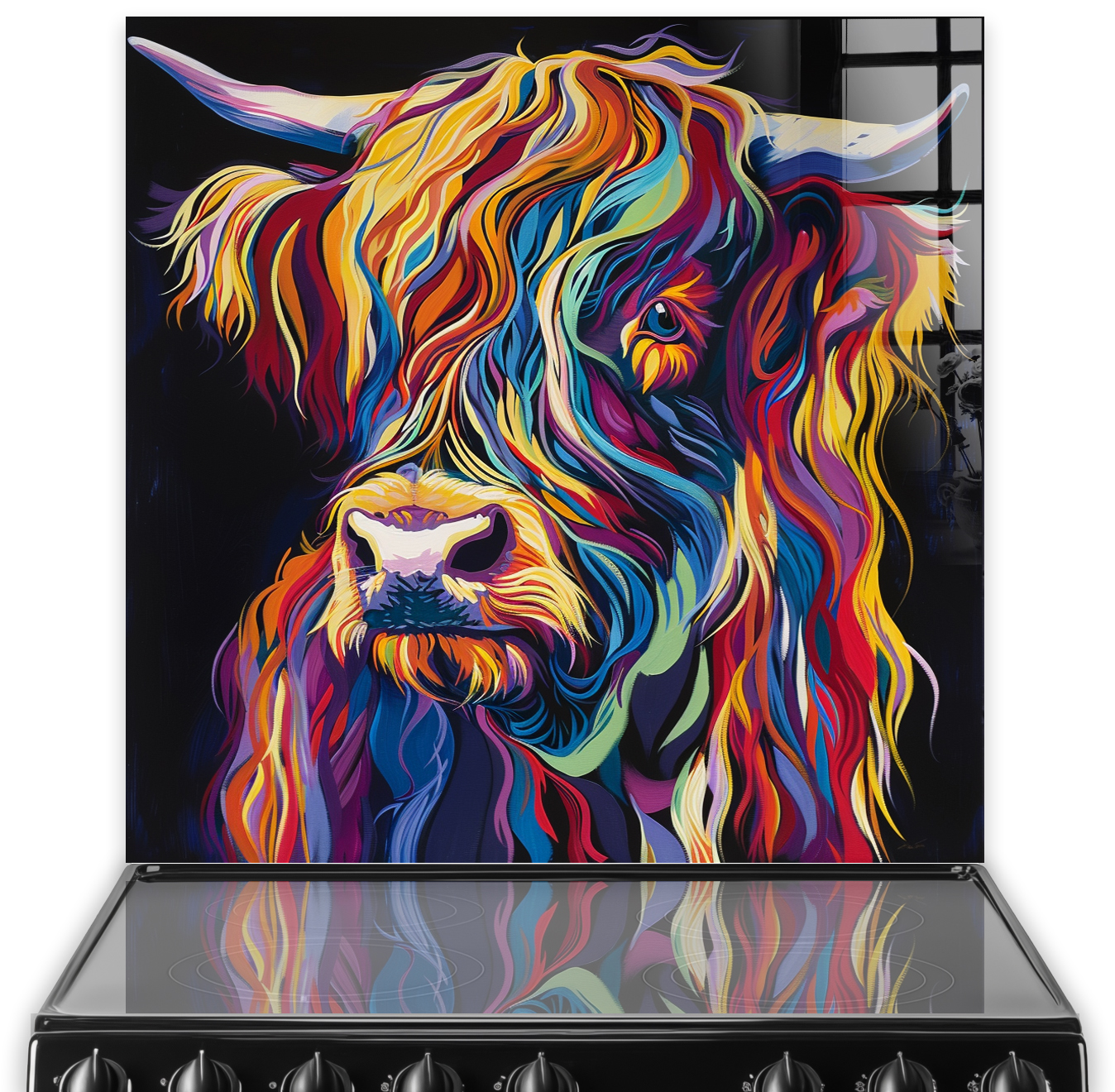 Colourful highland cow art on kitchen splashback