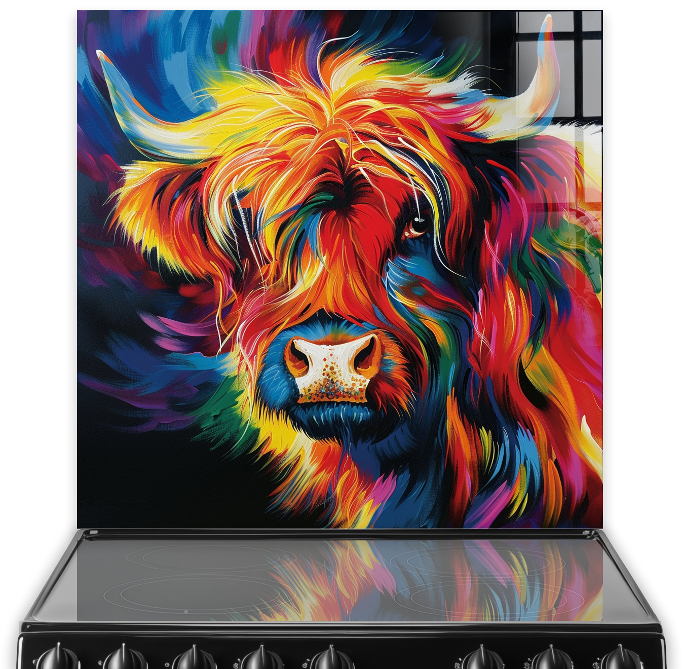 Colourful highland cow art on kitchen splashback above cooker