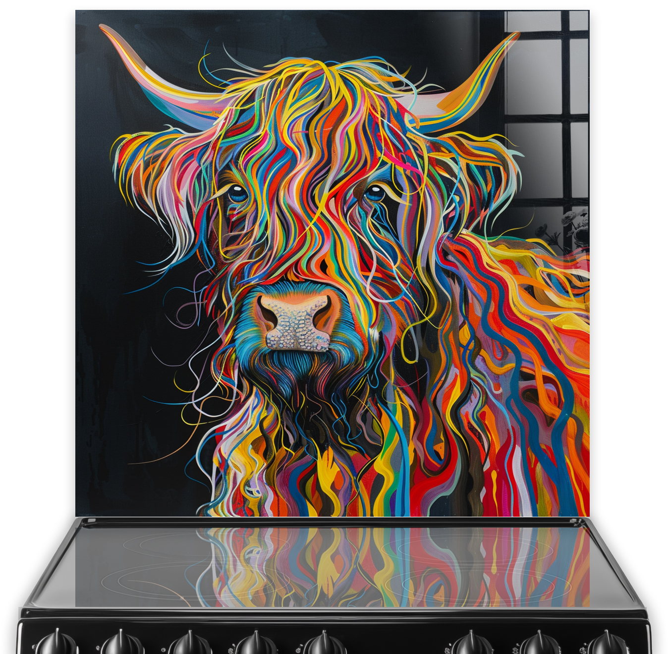 Colourful highland cow artwork on a kitchen splashback with a black background