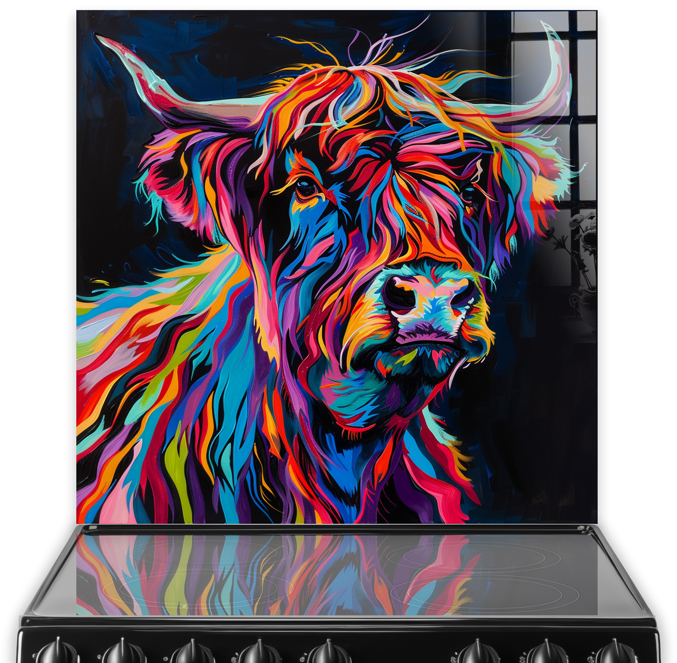 Colourful highland cow art kitchen splashback in modern setting