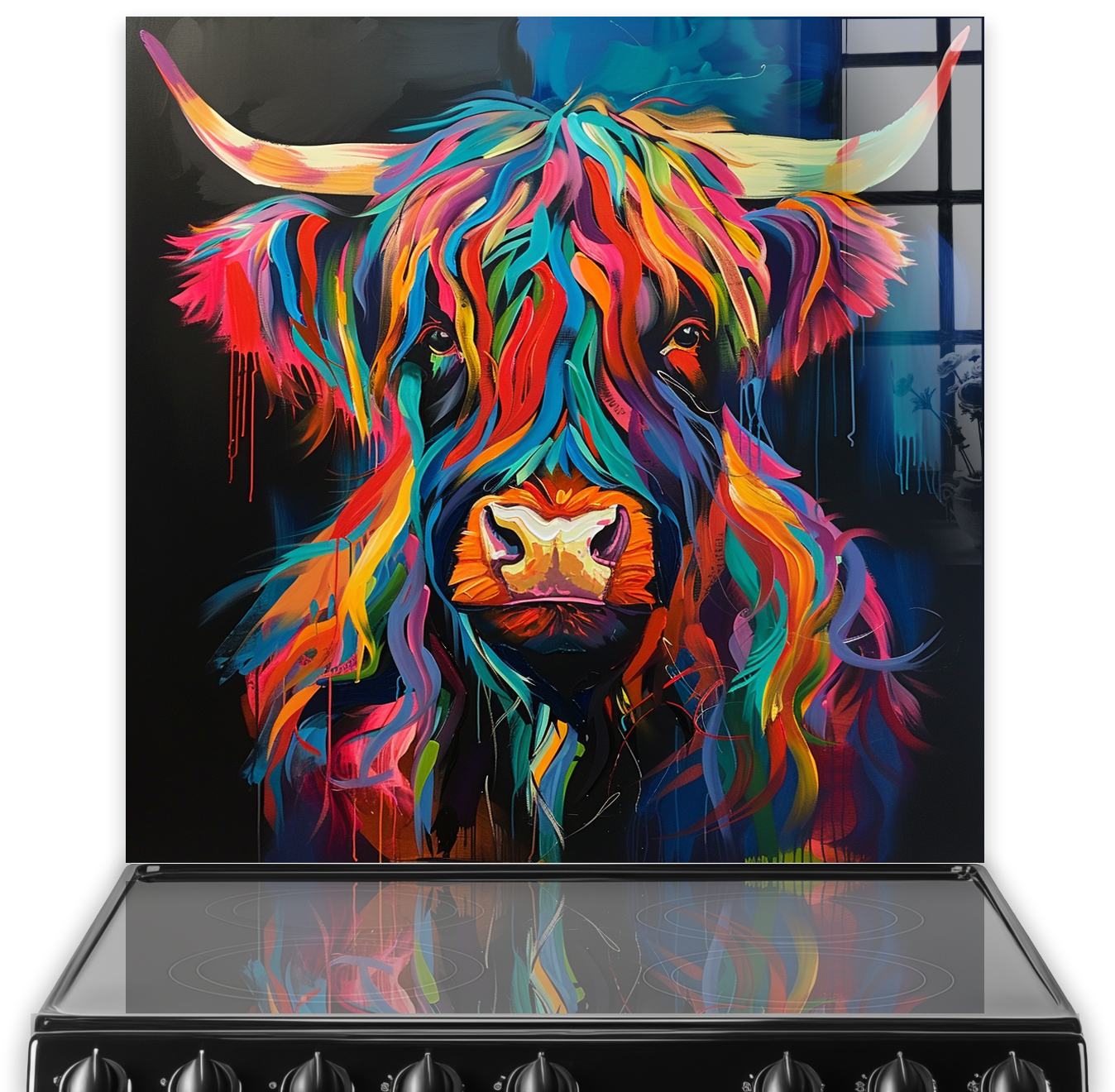 Colourful highland cow painted splashback in a kitchen with rainbow hues on a black background