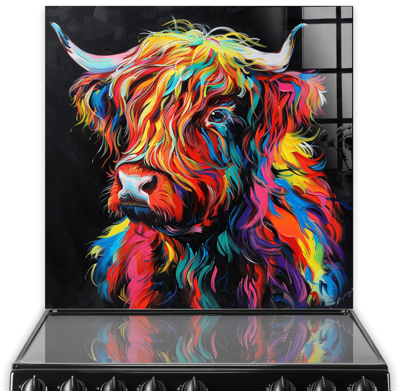 Colourful highland cow design on kitchen splashback above stove.
