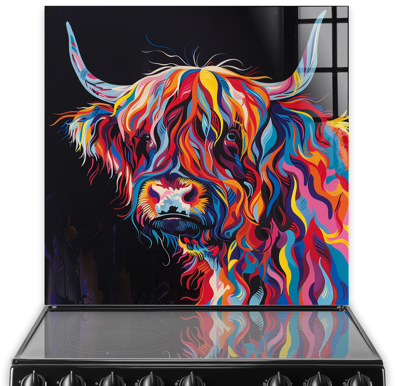 Colourful highland cow printed kitchen splashback