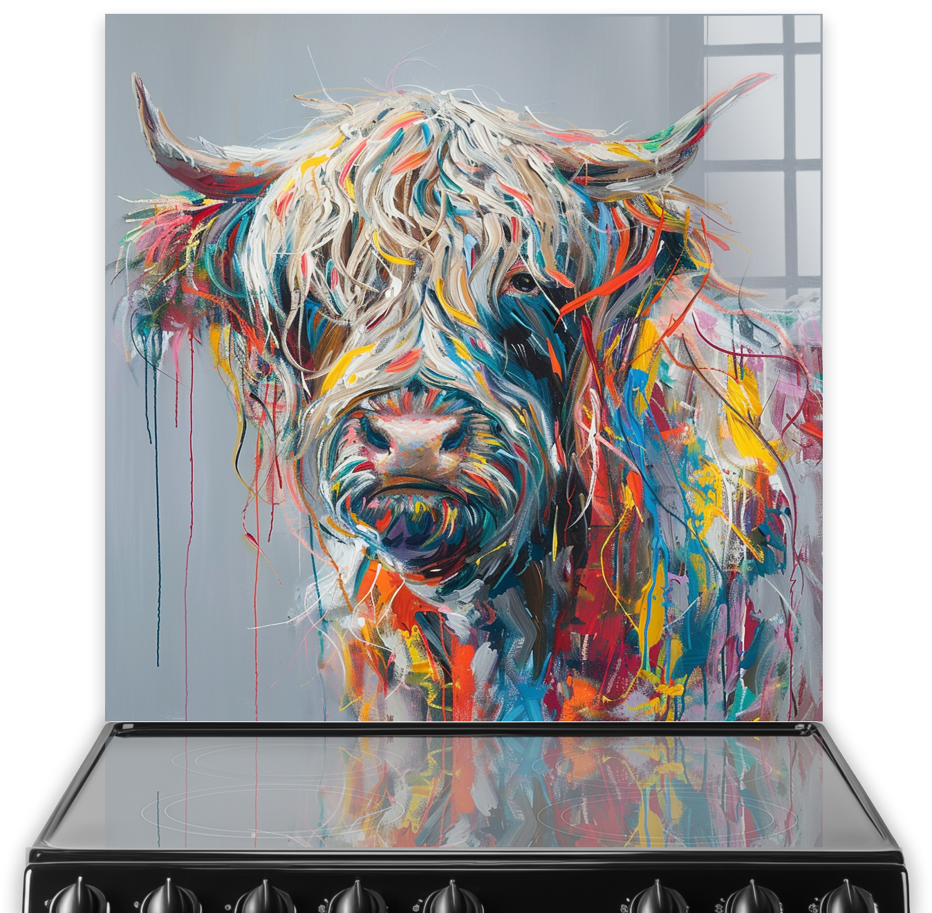 Colourful Highland cow kitchen splashback art in shades of blue, red, and yellow