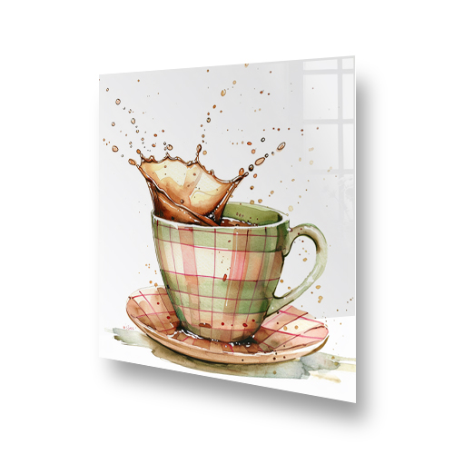 Artistically illustrated coffee splash on checkered cup kitchen splashback in watercolour style. Side View