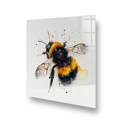 Artistic kitchen splashback with a painted bumblebee against a white background with yellow and black splatter effects Side View