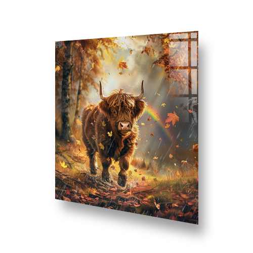 Highland cow on autumnal forest printed kitchen splashback Side View