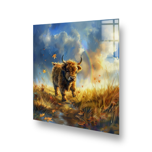 Animated bison printed kitchen splashback art against an autumn field and blue sky backdrop. Side View