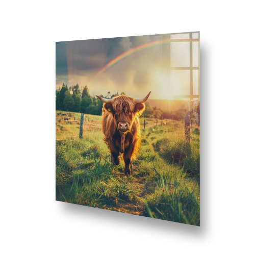 Highland cow in front of a rainbow on a kitchen splashback Side View