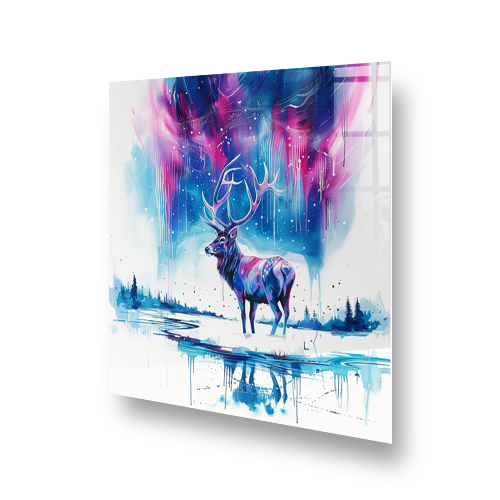 Colourful stag on kitchen splashback with northern lights themed background Side View
