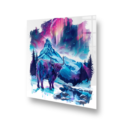 Highland cow in a colourful, mystical mountain landscape kitchen splashback art Side View