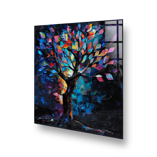Abstract colourful tree art on kitchen splashback above stove Side View