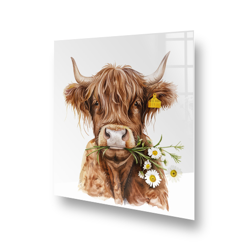 Highland cow with daisies in mouth kitchen splashback art on a white background Side View