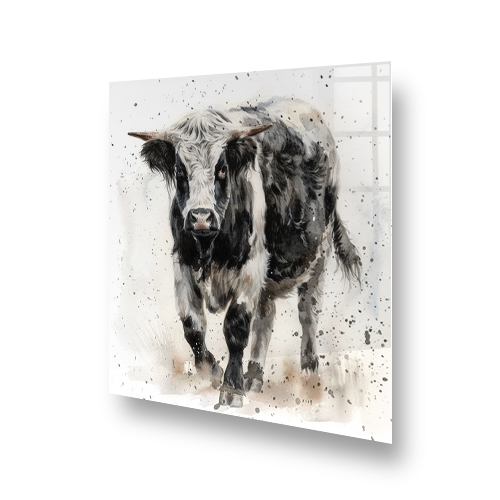 Black and white Belted Galloway cow on a kitchen splashback with artistic splatter details Side View