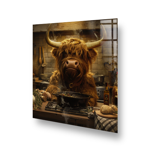 Whimsical highland cow cooking on a stove, featured in a kitchen splashback art with earthy tones and rustic charm. Side View