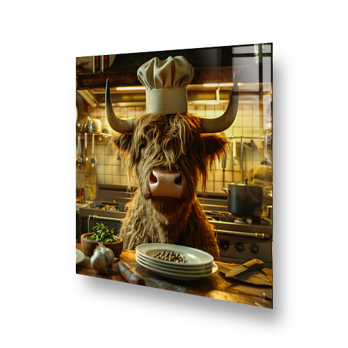Highland Cow called Cora in chefs hat kitchen splashback art Side View