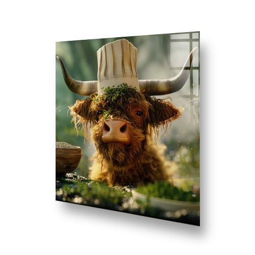 Haphazard Hamish is Highland cow with a chefs hat kitchen splashback Side View