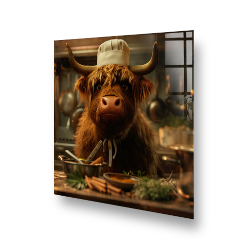 Highland cow wearing a chefs hat in a kitchen scene as a printed splashback, adding character and warmth to kitchen decor. Side View