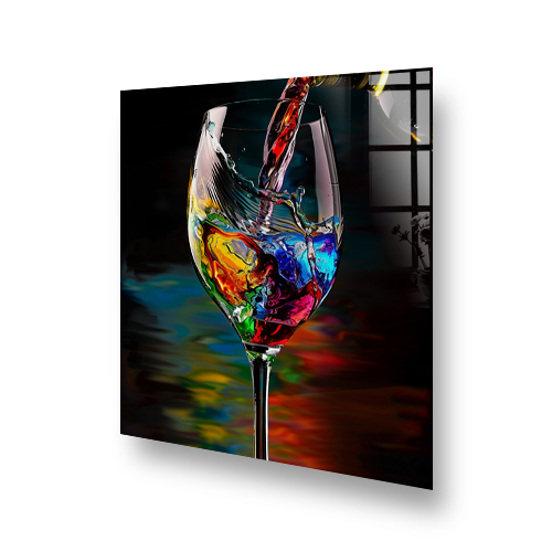 Colourful wine glass art on kitchen splashback with vivid pour Side View