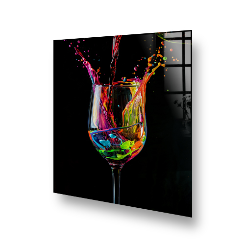 Colourful wine splash kitchen splashback art with vibrant colours against black background Side View