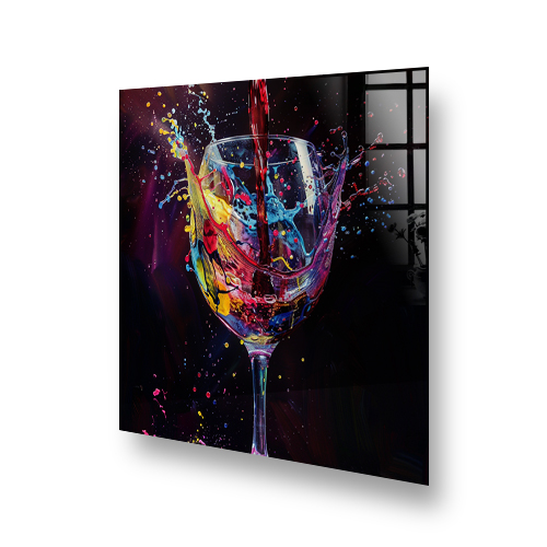 Vibrant wine glass splashback art with colourful splashes on a dark background Side View