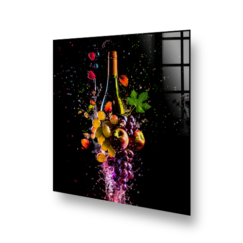 Dynamic kitchen splashback art featuring a wine bottle and colourful fruits with splashing liquid Side View