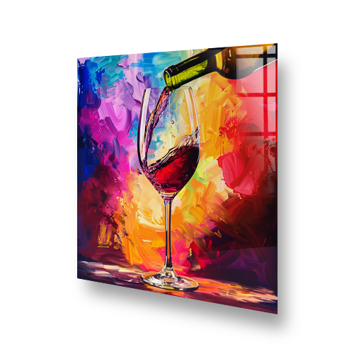 Abstract colourful kitchen splashback featuring a wine glass Side View