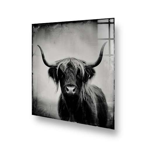 A black and white Highland Cow kitchen splashback art, named Angus, with a blurred background. Side View