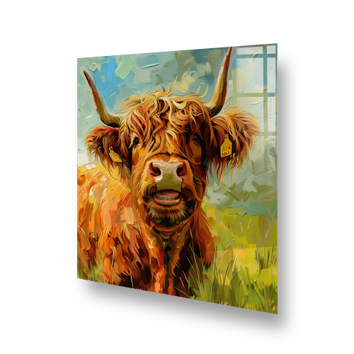 Highland cow called Buttercup with amber and rust fur on a printed kitchen splashback set against a soft green and blue background Side View